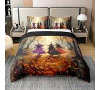 Halloween Witch 100% Organic Cotton Duvet Cover Set Maple Leaves Comforter Cover Set (Not Comforter) Outdoor Wild Trees Bedding Set King Size 3 Pcs