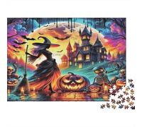 Halloween Witch 1000 Piece Travel Puzzle for Adults Witch Flying over Magical Halloween Town Premium Sturdy Challenging Stress Relief 38x26cm/1000pcs