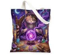 Halloween Witch American Shorthair Cat Canvas Tote Bag for Shopping 13x15, Witchy Kitten Scary Tarot Reusable Grocery Print Bag for Women, Spooky Aesthetic Painting Gift Decor