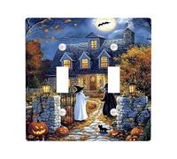 Halloween Witch and Ghost Light Switch Cover Plate, Orange Pumpkin Theme for Fall Decor, Thermoplastic Wall Plates, Standard Size Double Toggle