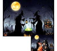Halloween Witch Backdrop Scary Night Full Moon Castle Evil Pumpkins Witches Graveyard Photo Background Magic Cauldron Spooky Halloween Family Party Decor Banner (8x6FT)