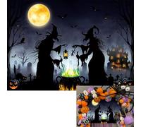 Halloween Witch Backdrop Scary Night Full Moon Castle Evil Pumpkins Witches Graveyard Photo Background Magic Cauldron Spooky Halloween Family Party Decor Banner (7x5FT)