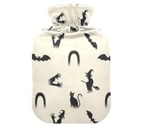 Halloween Witch Bat Beige Hot Water Bottle with Cover for Pain Relief Bed Warmer for Women, 1L