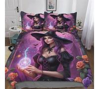 Halloween Witch Bedding Quilt Cover 3 Pieces Sets Easy Care Super-Soft Polycotton Comforter Cover Comfortable & Durable Duvet Cover with Pillowcases For Boys Girls Double (200x200cm)