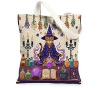 Halloween Witch Bengal Cat Canvas Tote Bag for Shopping 13x15, Retro Fun Magic Witchy Reusable Grocery Print Pattern Bag for Women, Spooky Aesthetic Painting Gift Decor