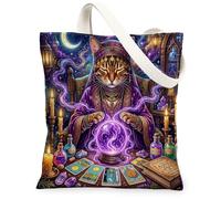 Halloween Witch Bengal Cat Canvas Tote Bag for Shopping 13x15, Witchy Kitten Scary Tarot Reusable Grocery Print Bag for Women, Spooky Aesthetic Painting Gift Decor