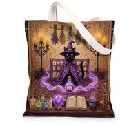 Halloween Witch Bombay Cat Canvas Tote Bag for Shopping 13x15, Retro Fun Magic Witchy Reusable Grocery Print Pattern Bag for Women, Spooky Aesthetic Painting Gift Decor