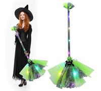 Halloween Witch Broom, LED Light Up Witch Broomstick Luminous Witches Brooms Wizard Flying Broom Stick Halloween Brooms Props Cosplay Costume Accessories for Kids Adults (Green 2)