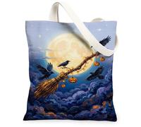 Halloween Witch Broomstick Raven Moon Art Canvas Tote Bag 13x15 Inch | Full Moon Backdrop, Flying Ravens, Hanging Jack-o'-lanterns, Atmospheric Night Skyline, Fanciful Art Style