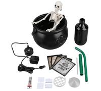 Halloween Witch Bucket for Halloween Decorations, Black Plastic Witches Bowl, DIY Magic Floating Bottle with Cauldron and Mist Maker Diffuser, Party Decor for Home (With Skeleton)