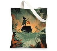 Halloween Witch Canvas Tote Bags, Spooky Cauldron Design Reusable Shopping Bags, Artistic Vintage Lightweight Washable Shoulder Strap Canvas Bags for Travel Beach Picnic 13x15 Inch