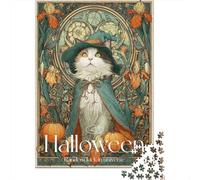 Halloween Witch Cat Art Print-5 Jigsaw Puzzles Puzzle for Adults Kids. 1000 Piece Whimsical Challenge Toy Educational Game Home Decoration for Adults& Kids Age 14 Years Up 52x38cm/1000pcs