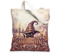 Halloween Witch Cat Quote Black Canvas Tote Bag 13x15 Inch | Fanciful Witch Hat Design, Glowing Candle Accents, Mystical Magical Atmosphere, Elegant Scrollwork