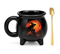 Halloween Witch Cauldron Ceramic Mug, Novelty Coffee Cup with Spoon, 370ml | Black cauldron-shaped ceramic mug with witch artwork, fun spooky drinkware for Halloween parties, home decor & novelty gifts.