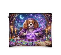 Halloween Witch Cavalier King Charles Spaniel Dog Makeup Bag 7x9 Inch for Travel Purse, Scary Tarot Pattern Cosmetic Pouch for Women, Spooky Portable Canvas Zipper Organizer