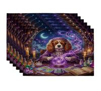 Halloween Witch Cavalier King Charles Spaniel Dog Placemats Set of 6, 12x18 Inch, Scary Tarot 6Pcs Table Mats for Home Dinning, Spooky Holiday Party Kitchen Print Pattern Decor