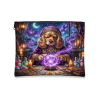 Halloween Witch Cocker Spaniel Dog Makeup Bag 7x9 Inch for Travel Purse, Witchy Puppy Scary Tarot Pattern Cosmetic Pouch for Women, Spooky Portable Canvas Zipper Organizer