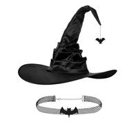 Halloween Witch Costume Accessories for Women 2pcs Ruched Wizard Hat Gothic Punk Collar Choker with Spider Bat Pendant Fancy Dress Pretender Floppy Brim Hat Vampire Dress Up Costume Prop for Cosplay