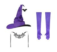 Halloween Witch Costume Accessories for Women 4pcs Wizard Hat with Bat Pendant Half Face Masquerade Mask Long Ghost Gloves Fancy Dress Pretender Dress Up Outfit Kit for Cosplay Role Play Party Prop