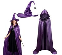 Halloween Witch Costume for Adult, Ladies Halloween Fancy Dress Costume Set- Vampire Hooded Cloak & Witch Hat with Spider Charm, Fancy Dress Accessory for Halloween, Hen Parties & Cosplay