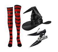 Halloween Witch Costume Knee-High Striped Socks, Curved Hat Prop | Matching Shoes Embellishment, Dressing Authority Accessory Bundle, Three Piece Costume Set for Party Cosplay Trick Treat Role Play