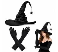 Halloween Witch Costume Set, Black Halloween Witch Hat with Black Gloves | Halloween Costumes for Women, Black Witches Hat Black Gloves, Witch Decorations Set for Halloween Fancy Dress Party Cosplay