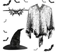 Halloween Witch Costumes Accessories Set with Witch Hat Black Enchanted Web Poncho and Lace Masquerade Mask for Women Halloween Party Cosplay