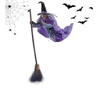 Halloween Witch Decorations: Spooky Flying Witch on the Broom with Light-Up Eyes, Spooky Hanging Horror Themed Haunted Figure | Outdoor Accessory