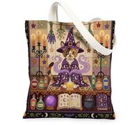 Halloween Witch Devon Rex Cat Canvas Tote Bag for Shopping 13x15, Retro Fun Magic Witchy Reusable Grocery Print Pattern Bag for Women, Spooky Aesthetic Painting Gift Decor