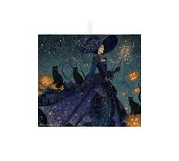 Halloween Witch Dish Drying Mats For Kitchen Counter, Magical Dark Blue Absorbent Dish Drainer Rack Mat, Enchanted Microfiber Drying Pad For Kitchen Counter Decor 16x18 Inch