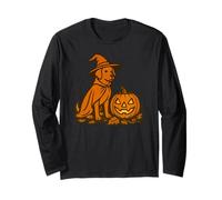 Halloween Witch Dog Sitting by Jack O Lantern Long Sleeve T-Shirt