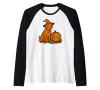 Halloween Witch Dog Sitting by Jack O Lantern Raglan Baseball Tee