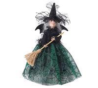 Halloween Witch Doll, Elegant Black Spider Web Skirt with Lace Hat and Broom, for Halloween Christmas Tree Topper Decor, Party Haunted House Props (green)
