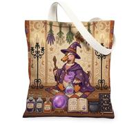 Halloween Witch Duck Canvas Tote Bag for Shopping 13x15, Retro Fun Magic Creepy Witchy Reusable Grocery Print Pattern Bag for Women, Spooky Aesthetic Painting Gift Decor