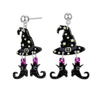 Halloween Witch Earrings for Women Rhinestone Enamel Witch Magic Hat Stud Earrings Cute Sorceress Shaped Studs Halloween Cosplay Jewelry Gifts