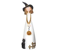 Halloween Witch Figurine - Decorative Resin Statue with Broom Pumpkin Details | Handmade Autumn Tabletop Orament - Foundation Party, Display Seasonal Celebration Showcase Sculpture Piece