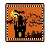 Halloween Witch Flies to The Moon Bats Tin Sign Orange and Black Plaid Sign Old Castle Cemetary Cat Hanging Sign Antique Festive Decorations for Kitchen Living Room Man Cave Pool 12x12in
