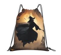 Halloween Witch Flying 2 Unisex Drawstring Bag Waterproof Drawstring Backpack Adjustable String Backpack For Hiking Climbing Holidays