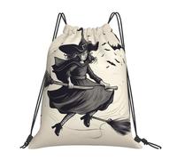 Halloween Witch Flying Print Men Women Drawstring Bag Waterproof String Backpack Large Drawstring Backpack For Football Travel Holidays