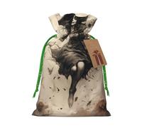 (Halloween Witch Flying) Printed Christmas S Size Gift Bags with Green Ribbon Drawstring Candy Bags for Kids Xmas Holiday Christmas Eve Presents