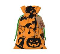 (Halloween Witch Flying) Printed Christmas S Size Gift Bags with Green Ribbon Drawstring Candy Bags for Kids Xmas Holiday Christmas Eve Presents