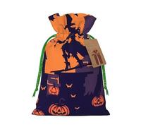 (Halloween Witch Flying) Printed Christmas S Size Gift Bags with Green Ribbon Drawstring Candy Bags for Kids Xmas Holiday Christmas Eve Presents