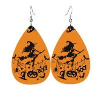 Halloween Witch Flying Teardrop Leather Earrings Ladies Print Pendant With Hook Fashion Vintage Party Daily Wear