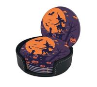 Halloween Witch Flying The Circular Leather Coaster Comes In A 6-Piece Set With A Dedicated Storage Box For Easy Storage And Cleaning