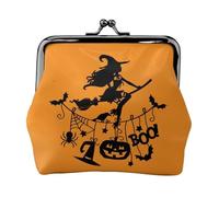 Halloween Witch Flying Women's Leather Kiss-Lock Coin Purse,Double-Sided Full Print Pattern,Ultra-Fine Fiber Leather,Small Clutch Wallet for Cash,Cards,Coins