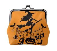 Halloween Witch Flying Women's Leather Kiss-Lock Coin Purse,Double-Sided Full Print Pattern,Ultra-Fine Fiber Leather,Small Clutch Wallet for Cash,Cards,Coins