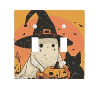 Halloween Witch Ghost Light Switch Cover Plates/Outlet Covers, Orange and Black Wall Decor for Holiday Season, Thermoplastic Wall Plates, Standard Size Double Toggle