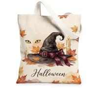 Halloween Witch Hat Autumn Leaves Canvas Tote Bag 13x15 Inch | Watercolor Style, Maple Leaf Motif, Mysterious Cat Eyes, Warm Candle Luminous, Spooky Fall Aesthetic