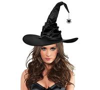 Halloween Witch Hat Black Ruched Wizard Hat Women Wide Brim Pointed Cap with Spider Bat Pendant Witch Headwear Costume Halloween Carnival Cosplay Party Costume Accessory Fancy Dress Props