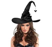 Halloween Witch Hat Black Ruched Wizard Hat Women Wide Brim Pointed Cap with Spider Bat Pendant Witch Headwear Costume Halloween Carnival Cosplay Party Costume Accessory Fancy Dress Props